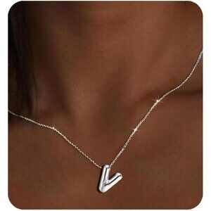 Silver Initial Pendant Necklace – Personalized Letter “V” Trendy Stuffed Bubble
